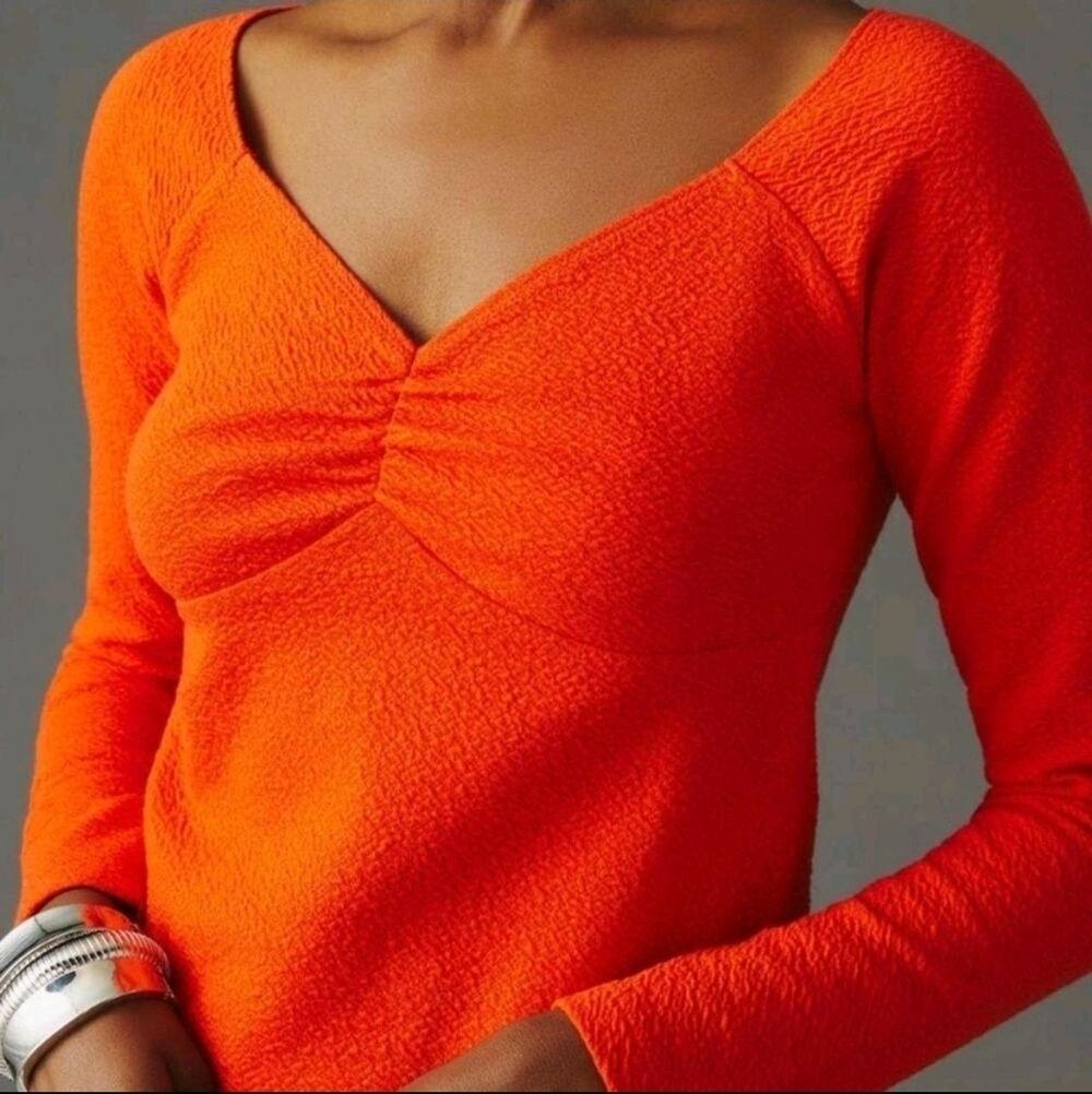 MAEVE Anthropologie Size M Orange Ruched Sweetheart Neck Long Sleeve Top NWT
